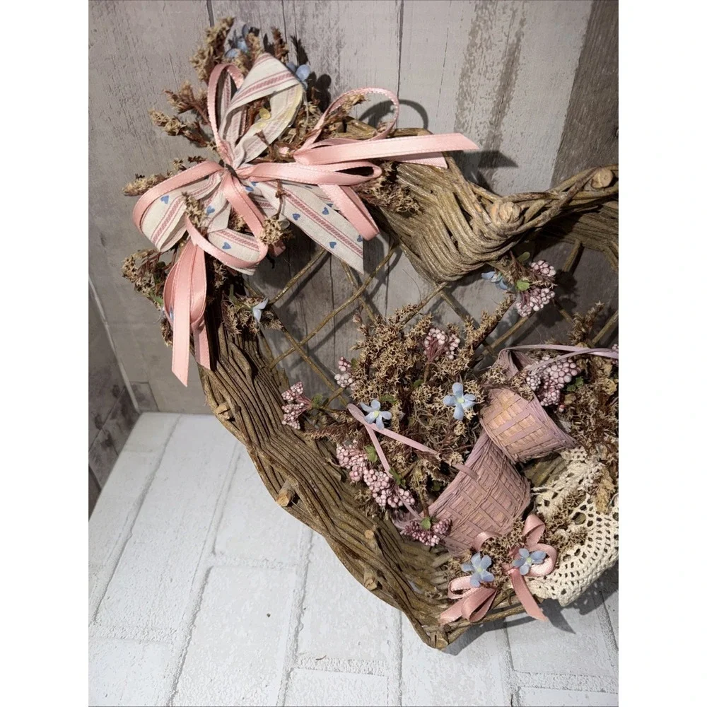 Twig Heart Wreath Primitive Rustic Country Cottage Pink Floral Basket Wall Decor